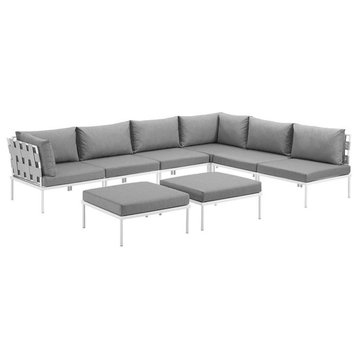 Modway Harmony 8-Piece Outdoor Patio Aluminum Sectional Sofa Set in White/Gray