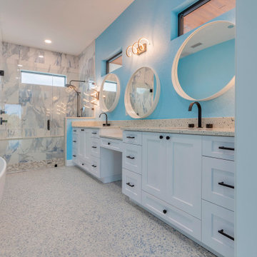 Blue Bathroom Interior With Modern Wall Mirror, Modern House, Remodeling Ideas