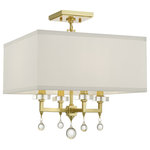 Crystorama - Paxton 4-Light Ceiling Mount, Antique Gold - The Paxton ceiling mount is a timeless design that combines contemporary styling with clean lines. The minimal Antique Gold steel frame features four square arms glass bobeches and a hanging glass ball. The lights housed beneath its square white silk shade diffuse a soft glow that is perfect for a dining room on kitchen.