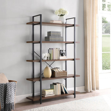 Industrial Bookcase Open Etagere Book Shelf Metal/Wood, Dark Walnut, 5 Shelves
