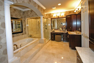 Bathroom - huge contemporary master multicolored tile and ceramic tile ceramic tile bathroom idea in St Louis with raised-panel cabinets, dark wood cabinets, granite countertops and multicolored walls