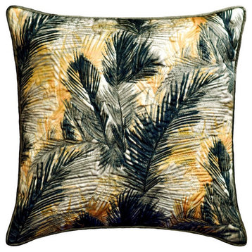Designer 12"x12" Tropical Leaf Quilted Green Satin Pillow Cover - In The Tropics