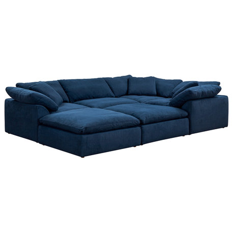 6PC Slipcovered U-Shaped Pit Sectional Sofa | Navy Blue