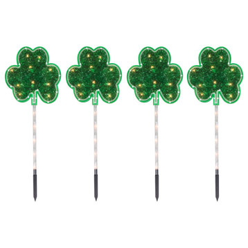 4ct Green Shamrock St Patrick's Day Pathway Marker Lawn Stakes, Clear Lights