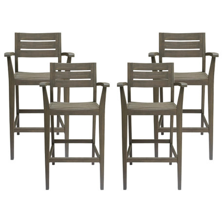 GDF Studio Stamford Outdoor Rustic Acacia Wood Barstool (Set of 4), Gray Finish