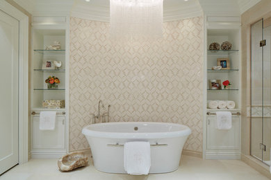Bathroom - large transitional master porcelain tile bathroom idea in Miami with recessed-panel cabinets, white cabinets and multicolored walls