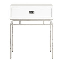Worlds Away Cayson White & Nickel Single Drawer Side Table - Kitchen Cabinetry