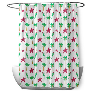 70"Wx73"L Christmas Beach Pattern Shower Curtain, Holiday Pink
