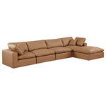 Meridian Furniture - Comfy Upholstered L-Shaped Modular Sectional, Cognac, 5-Piece: 2 Armless Chair, 2 Corner Chair, 1 Ottoman, Vegan Leather - Give your space a whole new look with this cognac Comfy vegan leather sectional. This handsome sectional fits nicely with other items in the Comfy collection and is a versatile seating option designed for adaptability, comfort and style. Wrapped in rich cognac durable vegan leathered upholstery, this sectional offers a plush embrace of overstuffed down feather cushions, carefully crafted to deliver the highest level of comfort. The perfect seat for creating an oasis for relaxation, this sectional has thick foam surrounding its frame for added support and coziness.