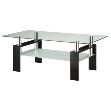 Glass Top Coffee Table With Metal Base And 1 Bottom Shelf, Clear And Black