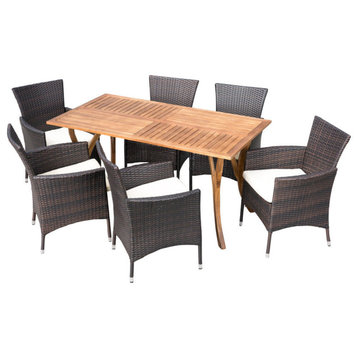 GDF Studio 7-Piece Anthony Outdoor Acacia Wood/Wicker Dining Set With Cushions