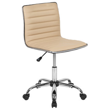 Low Back Armless Ribbed Swivel Task Office Chair, Tan Vinyl, Chrome Frame