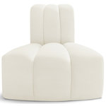 Meridian Furniture - Arc Upholstered Modular Component, Cream, 1-Piece: Reverse Corner, Velvet - Give your living room or den the perfect blend of style and versatility with this Arc velvet fabric curved reverse corner chair. Part of the Arc modular furniture collection, this chair comes upholstered in rich cream velvet fabric and features deep channel tufting that adds a touch of luxury while enhancing comfort and support. A seamless combination of form and function, this chair can be used with other Arc pieces to create a myriad of configurations in your well-curated room.