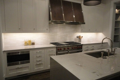 Example of a mid-sized transitional single-wall kitchen design in Chicago with a single-bowl sink, shaker cabinets, white cabinets, marble countertops, white backsplash, subway tile backsplash, stainless steel appliances and an island