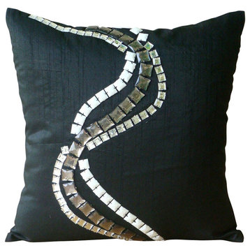 Crystals Mid Century Modern Pillows Black 20"x20" Art Silk, Zigs N Zags