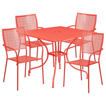 Flash Furniture 5 Piece 36" Square Steel Flower Print Patio Dining Set in Red