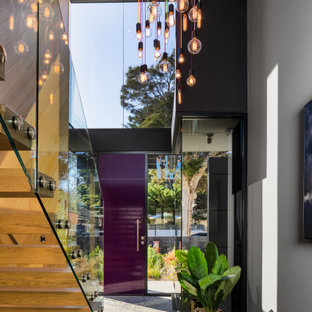 Immagine di un ingresso moderno con pareti grigie, pavimento in granito, una porta singola, una porta viola e pavimento grigio