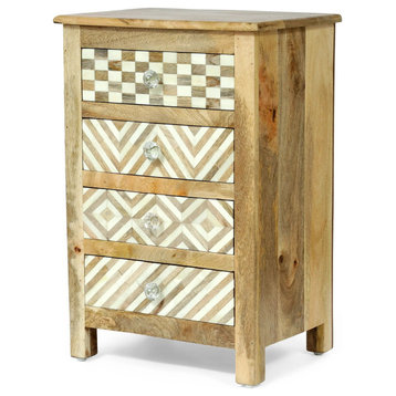 Bohemian Nightstand, 4 Drawers With Unique Buffalo Bone Accents, Natural/White