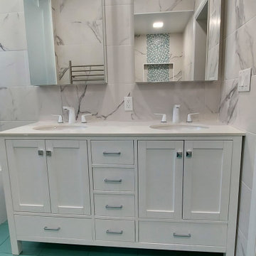 Home SPA bathroom with steamer and double vanity.