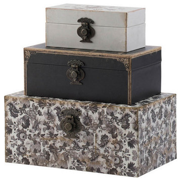 Set of 3 Decorative Boxes, MDF Frame, Black and Gray, Floral Printing