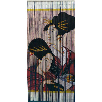 Japanese Geisha Print Beaded Bamboo Curtain, 125 strands