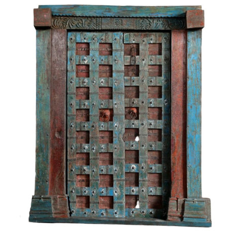 Consigned Antique Indian Door Blue Teak Wood Carved Garden Door with Frame 84