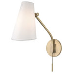 Hudson Valley - Hudson Valley Patten One Light Swing Arm Wall Sconce 6341-AGB - One Light Swing Arm Wall Sconce from Patten collection in Aged Brass finish. Number of Bulbs 1. Max Wattage 60.00. No bulbs included. Our Patten family brings together a visually appealing conical shade, square brass arms, and customizable versatility by way of swivesl. The swivel just behind each shade allows you to move them right or left, as well as either tighten the focus of the light or beam it farther out. Clean lines and mid-century appeal combine with versatility to make Patten a useful delight. No UL Availability at this time.