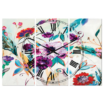 Abstract Purple and Red Farmhouse Flowers Traditional Multipanel Clock