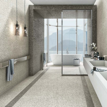 Salt and pepper terrazzo looking tile in bathroom