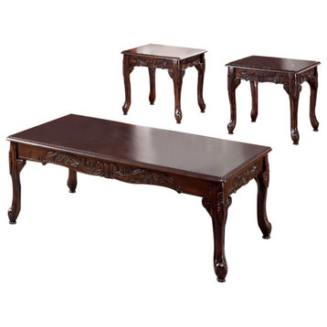 3 Piece Occasional Wooden Table Set With Engraved Details Cherry Brown
