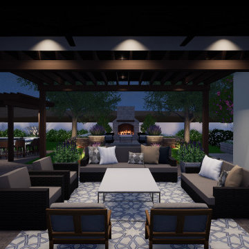 Transitional Outdoor Living with Fireplace, Fire Pit, Outdoor Kitchen, Pergola