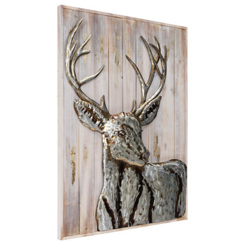 "Deer 1" Hand Painted Iron Wall Sculpture on Slatted Solid Wood Wall Art 40"x30"