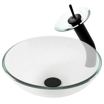 Bonificare Round Clear Glass Vessel Bathroom Sink Combo with Faucet and Drain, Matte Black