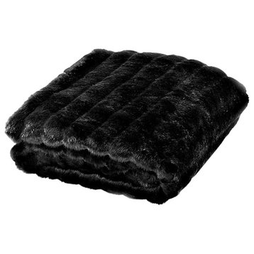 Channel Mink Throw Blanket, Fur Lined, Black, 5'x7'