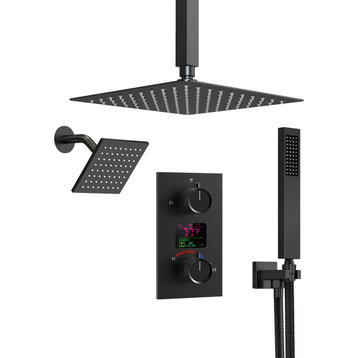 Dual Shower Heads Rain Shower Faucet with Digital Display Shower System, Matte Black
