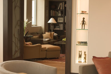 Trendy formal bamboo floor living room photo in Chicago with beige walls