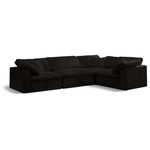 Meridian Furniture - Cozy Velvet Upholstered Comfort L-Shaped Modular Sectional, Black, 4-Piece: 1 Armless Chair, 3 Corner Chair - Bring home this Cozy 4-piece sectional for a fresh new look. Embrace casual elegance with this Cozy velvet cloud-like comfort modular fiber-filled seating option. Handsome from all angles, this piece features soft black velvet upholstery to make it an easy fit in any room. This modular piece can be combined with other items in the Cozy collection to create a seating group of your dreams. The cushions on this piece are exceptionally comfortableand filled with fiber for luxury that you deserve as you rest and relax.