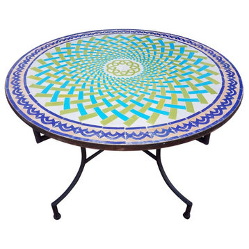 48" Vintage Moroccan Mosaic Table, Blue, Turquoise / Lime / White