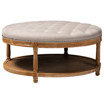Linette French Provincial Beige Linen and White-Washed Oak Button-Tufted Ottoman
