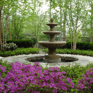 Backyard Garden with new fountain and azaleas in bloom