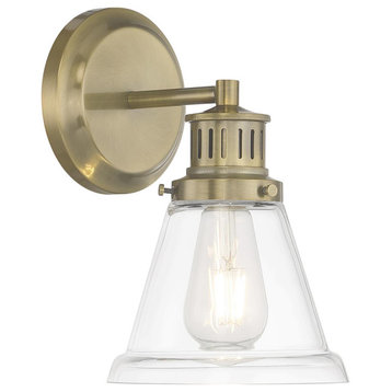 Alden 1 Light Bathroom Vanity Light, Clear, Antique Brass