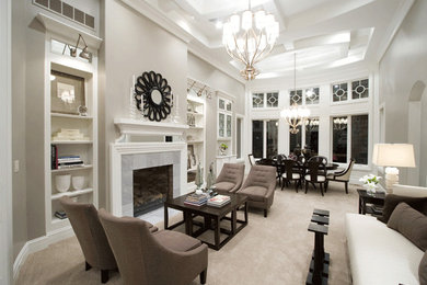 Mid-sized minimalist formal and open concept carpeted and beige floor living room photo in Indianapolis with white walls, a standard fireplace, a stone fireplace and no tv
