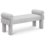 Meridian Furniture - Stefano Upholstered Bench, Grey - Banish boredom in your room's decor with this Stefano polyester fabric bench. The perfect bench to rest at the end of your bed in the master suite or in a spot of interest in the foyer or entryway, this lovely art deco seat has loads of room to sit while you pull on boots or take off shoes. The soft grey polyester fabric is lovely to the touch, and the rounded arm pillows give it an extra inviting feel.