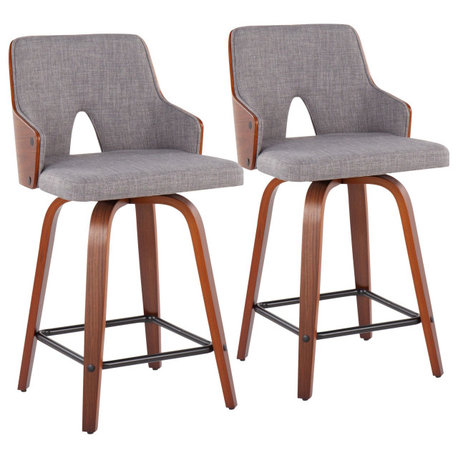 Stella 24" Counter Stool, Set of 2, Walnut Wood, Light Gray Fabric, Black Metal