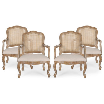 Biorn French Country Upholstered Dining Armchair, Beige + Natural, Set of 4