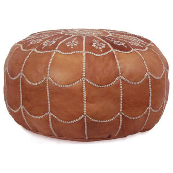 Moroccan Leather Stuffed Pouf, Dark Tan