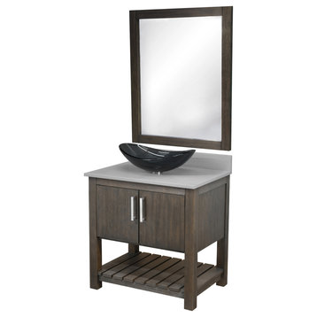 30" Vanity, Storm Grey Quartz Top, Sink, Drain, Mounting Ring, and P-Trap, Brushed Nickel, Mirror Included