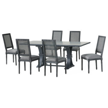 Brownell French Country Wood and Cane 7-Piece Expandable Dining Set, Gray/Gray