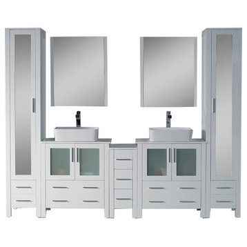 Sydney 102" Vanity Set With Vessel Sinks and Mirror Linen Cabinet, Glossy White