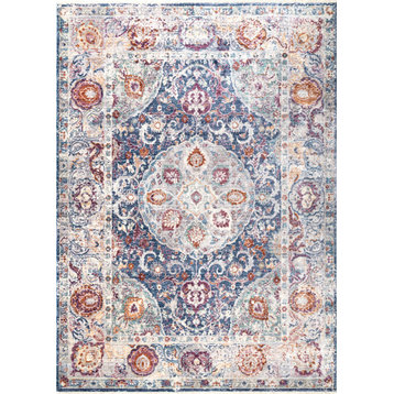 Traditional Fading Pendent Medallion Fringe Area Rug, Navy, 5'3"x7'7"